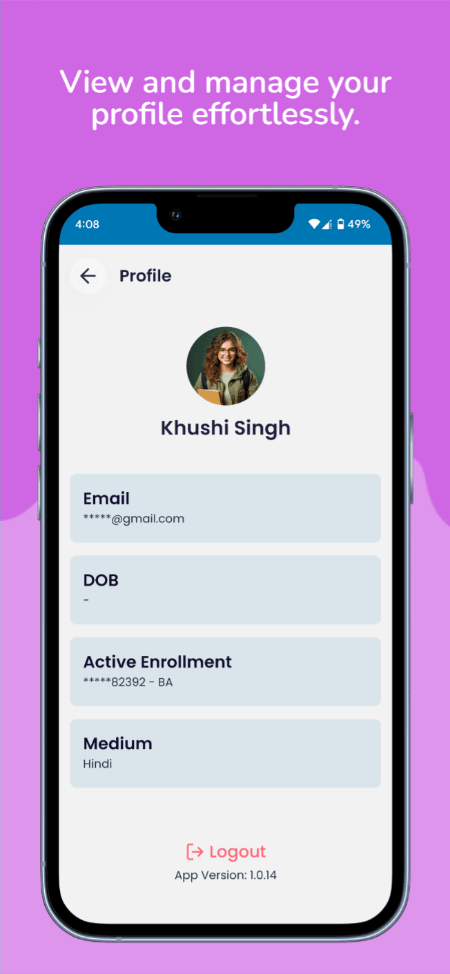 IGNOU Tutor app profile - View and manage your profile effortlessly, check enrollment details, email, and app version